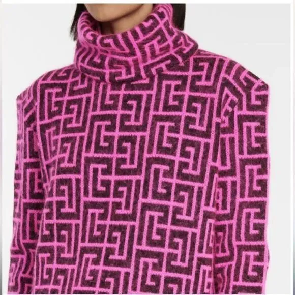 Balmain x Rossignol Logo monogram wool Mohair turtleneck sweater Pink Black